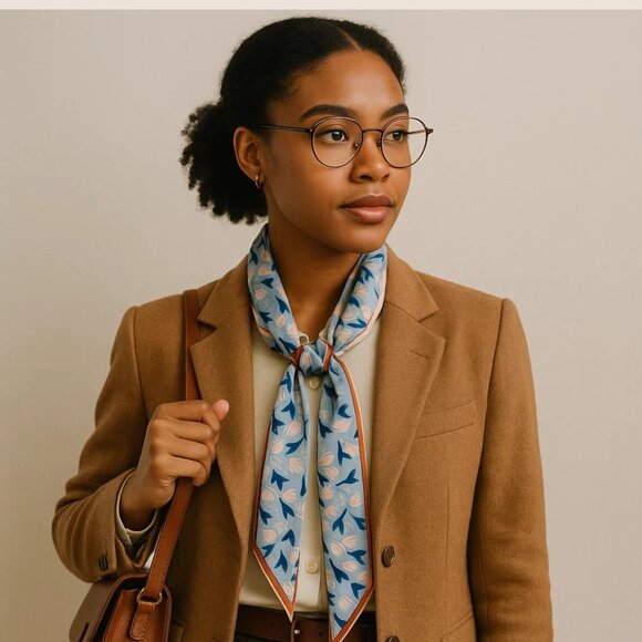 Slim Scarf Two Sided 34 inch Abstract Micro Print Blue Fan Petals Neck Hair No40 - Picture 4 of 12